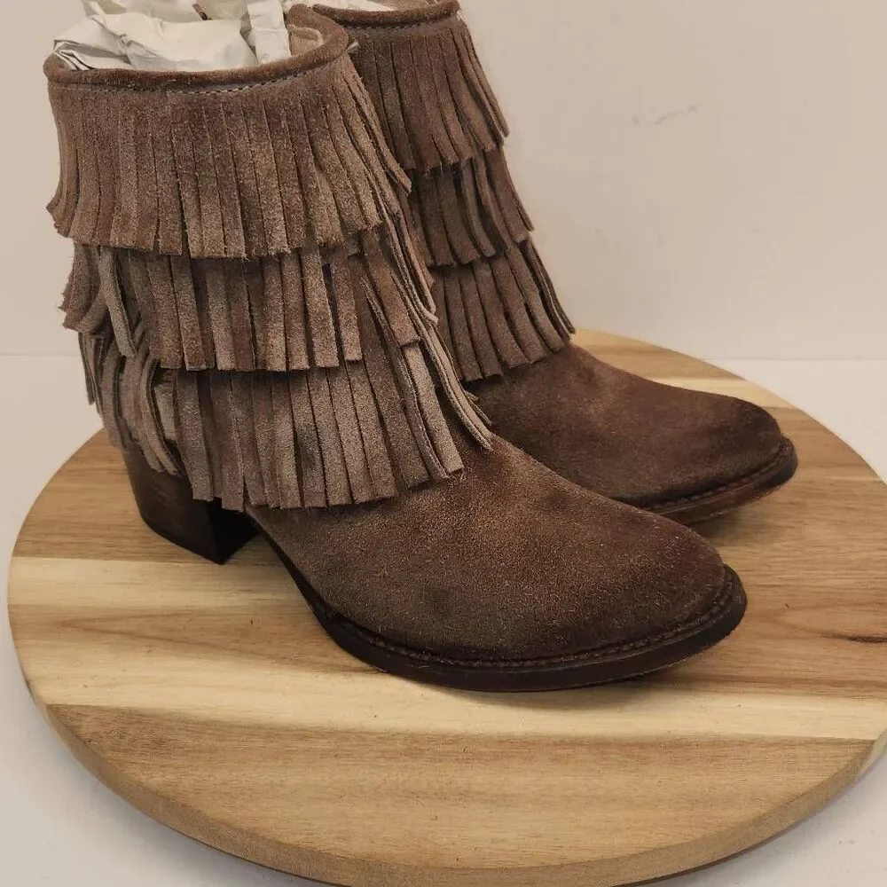 Freebird by Steven Women's Distressed Belle Suede Fringe Booties Size 7 Brown
